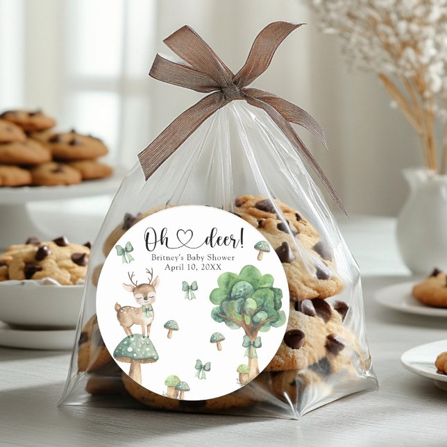 Watercolor Woodland Deer Baby Shower Classic Round Sticker (Creator Uploaded)