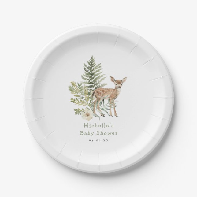 Watercolor Woodland Deer Baby Shower Paper Plates (Front)