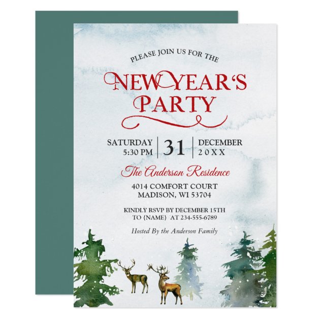 Watercolor Woodland Deer Forest New Year Party Invitation