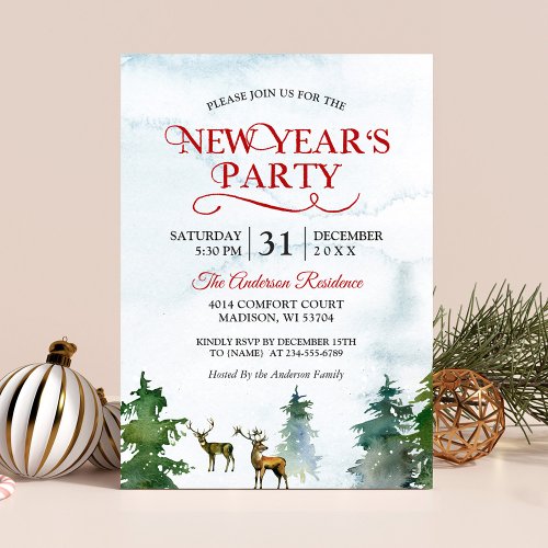 Watercolor Woodland Deer Forest New Year Party Card