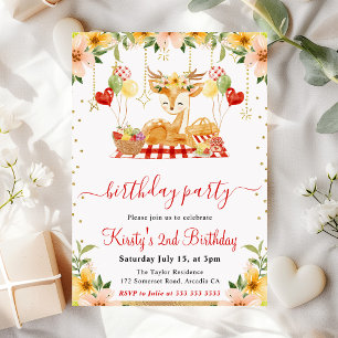Watercolor Woodland Deer Picnic Birthday Invitation
