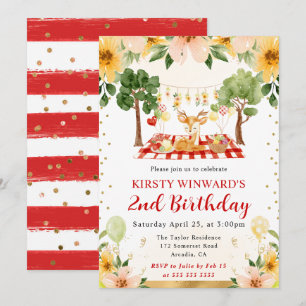 Watercolor Woodland Deer Picnic Kids Birthday Invitation