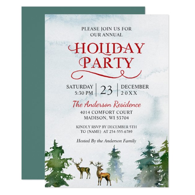 Watercolor Woodland Deer Snow Forest Holiday Party Invitation