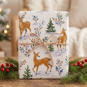 Watercolor Woodland Deer Winter Village Wrapping Paper Sheets