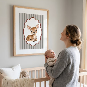 Watercolor Woodland Fawn Striped Nursery Wall Art