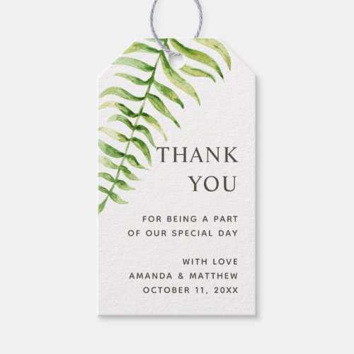 Watercolor woodland fern leaves wedding thank you gift tags