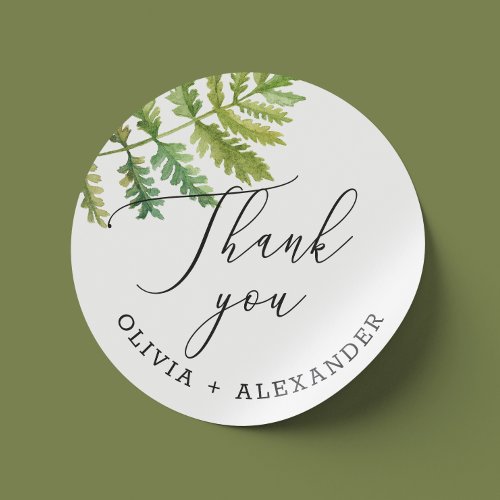 Watercolor woodland fern script wedding thank you classic round sticker