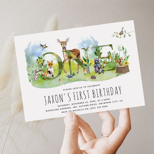 Watercolor Woodland Forest Animals 1st Birthday Invitation