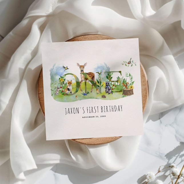 Watercolor Woodland Forest Animals 1st Birthday Napkins (Creator Uploaded)