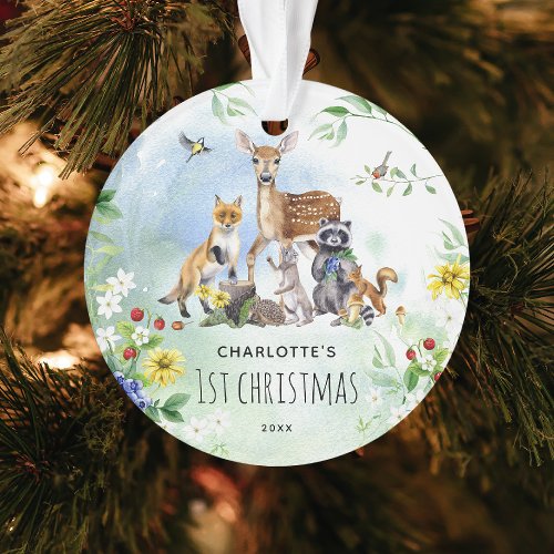 Watercolor Woodland Forest Animals 1st Christmas Ornament