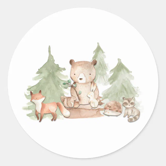 Watercolor Woodland Forest Animals Baby Shower Classic Round Sticker ...