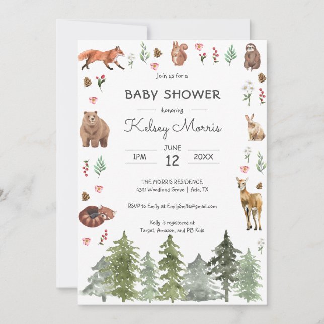 Watercolor Woodland Forest Animals Baby Shower Invitation (Front)