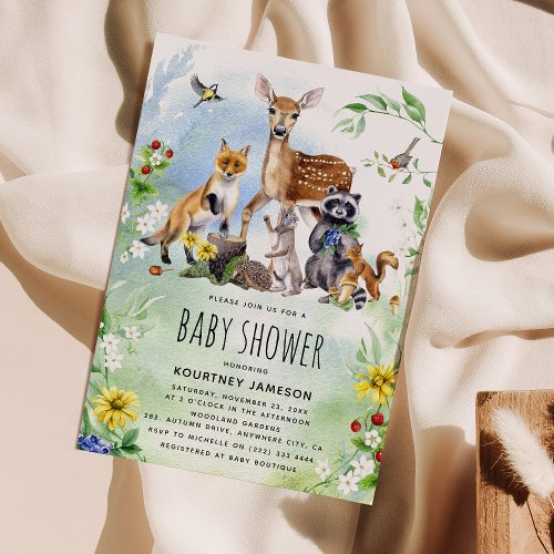 Watercolor Woodland Forest Animals Baby Shower Invitation