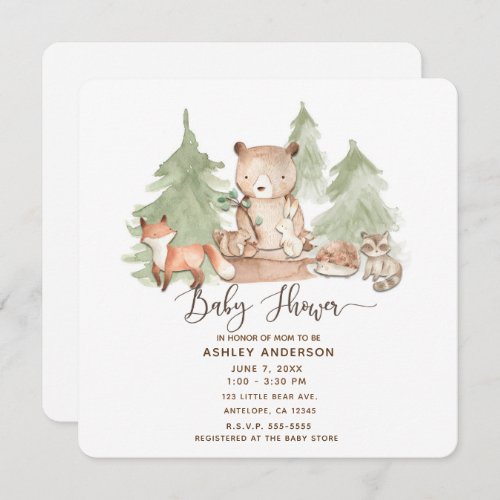 Watercolor Woodland Forest Animals Baby Shower Invitation