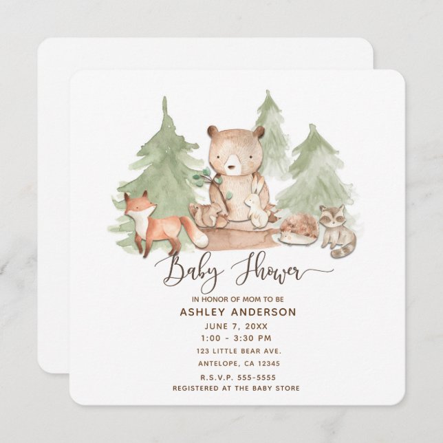 Watercolor Woodland Forest Animals Baby Shower Invitation (Front/Back)