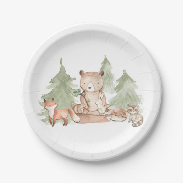 Watercolor Woodland Forest Animals Baby Shower Paper Plates (Front)