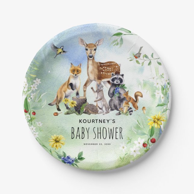 Watercolor Woodland Forest Animals Baby Shower Paper Plates (Front)