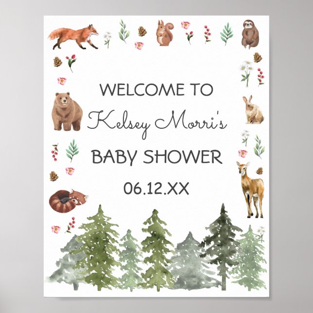 Watercolor Woodland Forest Animals Baby Shower Poster (Front)