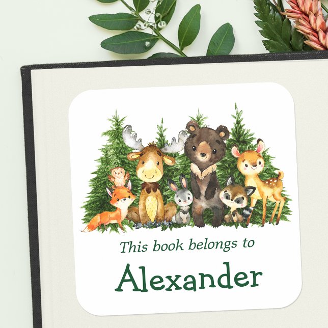 Watercolor Woodland Forest Animals Bookplate Label (Customize to change text size, color or text style.)