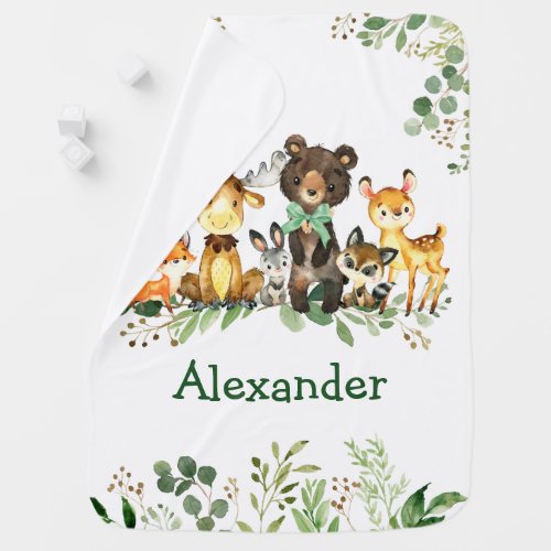 Watercolor Woodland Forest Animals Bow Greenery Baby Blanket