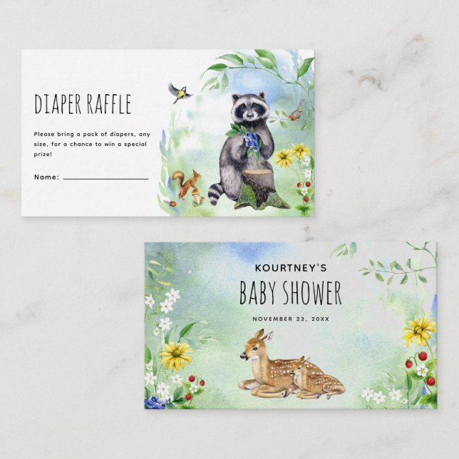  Watercolor Woodland Forest Animals Diaper Raffle Enclosure Card (Front/Back)