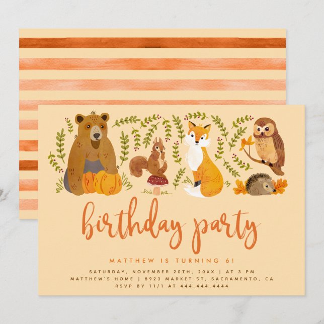 Watercolor Woodland Forest Animals Fall Birthday Invitation (Front/Back)