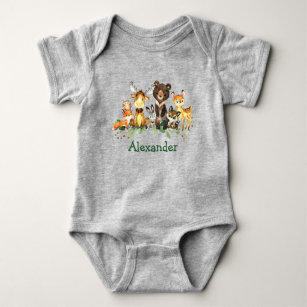 Watercolor Woodland Forest Animals Gray Baby Bodysuit