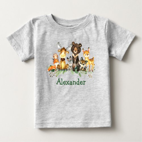 Watercolor Woodland Forest Animals Gray Baby T_Shirt