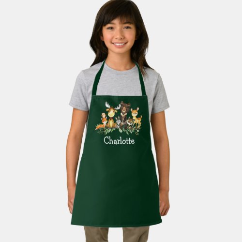 Watercolor Woodland Forest Animals Green Apron