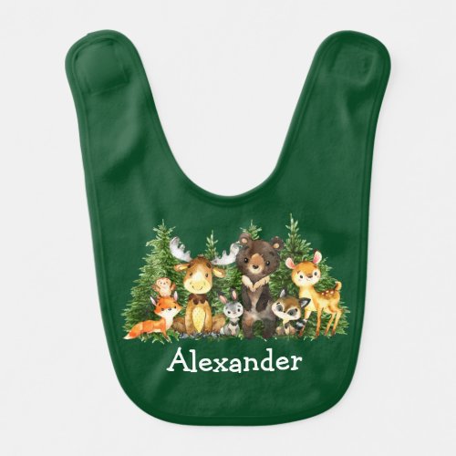 Watercolor Woodland Forest Animals Green Baby Bib