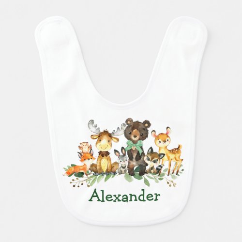 Watercolor Woodland Forest Animals Green Bow Baby Bib