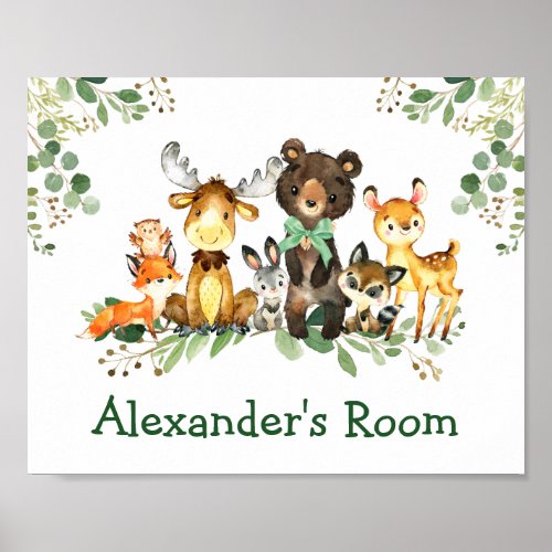 Watercolor Woodland Forest Animals Green Bow Poster