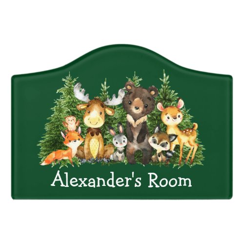 Watercolor Woodland Forest Animals Green Crest Door Sign