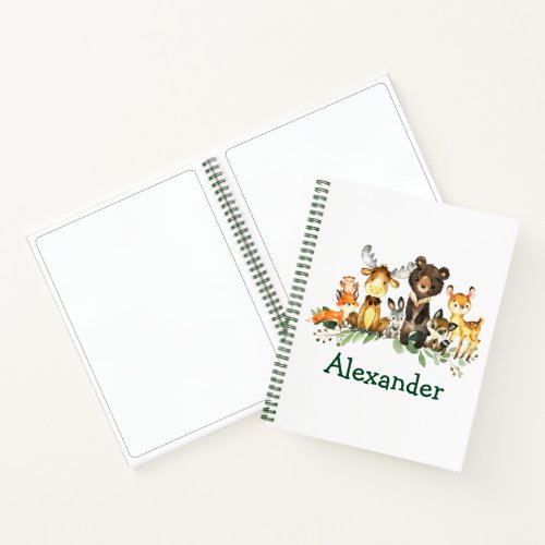 Watercolor Woodland Forest Animals Green Drawing Notebook