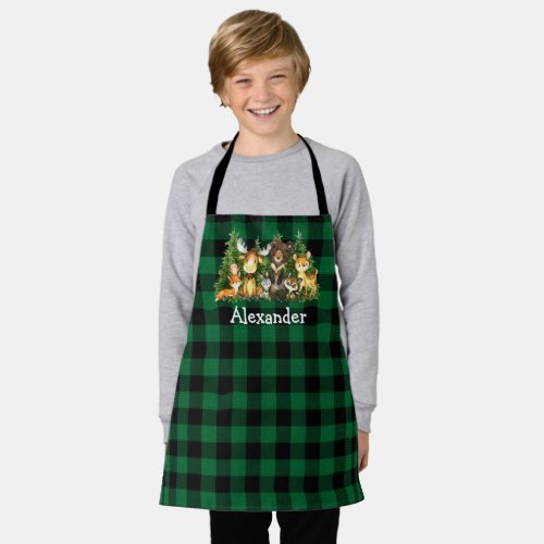 Watercolor Woodland Forest Animals Green Plaid Apron
