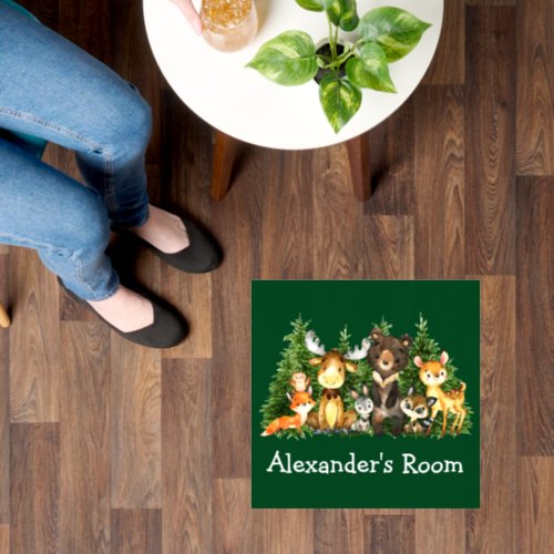 Watercolor Woodland Forest Animals Green Square Floor Decals
