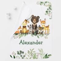 Watercolor Woodland Forest Animals Greenery Baby Blanket