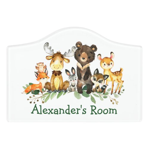 Watercolor Woodland Forest Animals Greenery Crest Door Sign