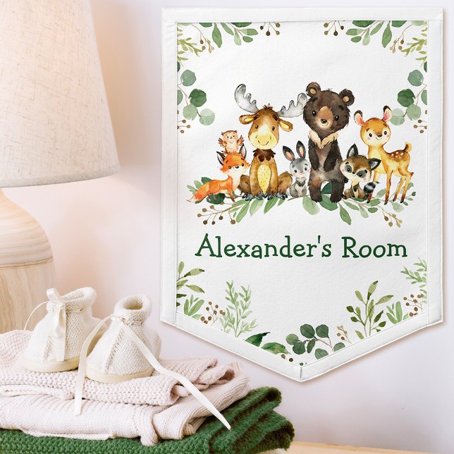 Watercolor Woodland Forest Animals Greenery Pennant (Choose your text color and text style)