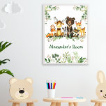 Watercolor Woodland Forest Animals Greenery Poster<br><div class="desc">Watercolor Woodland Animals Room Poster Print. Baby Animals include Bear,  Deer,  Moose,  Raccoon,  Bunny Rabbit,  Fox and Owl on eucalyptus leaves and forest greenery. Add Name.</div>