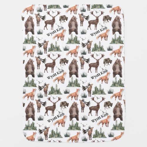 Watercolor Woodland Forest Animals Name Baby Blanket