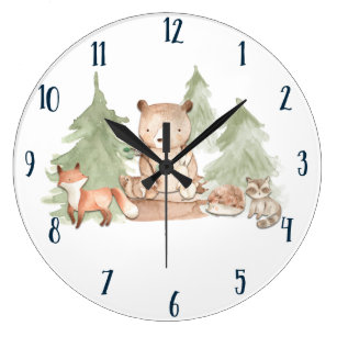 Watercolor Woodland Forest Animals Nursery Bedroom Large Clock