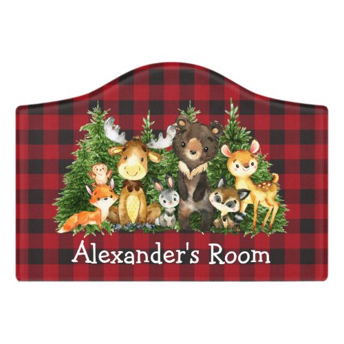 Watercolor Woodland Forest Animals Plaid Crest Door Sign