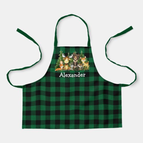 Watercolor Woodland Forest Animals Plaid Green Apron