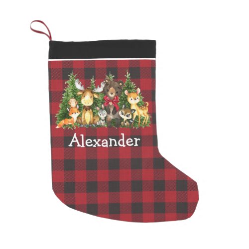 Watercolor Woodland Forest Animals Red Bow Plaid Small Christmas Stocking