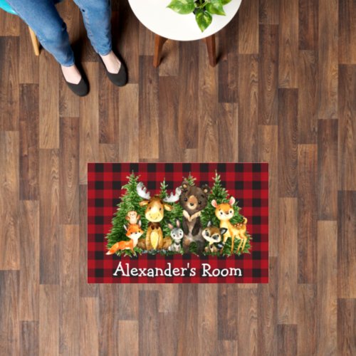 Watercolor Woodland Forest Animals Red Plaid Floor Decals