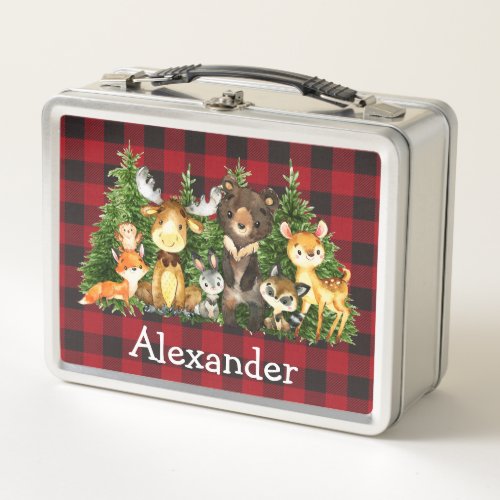 Watercolor Woodland Forest Animals Red Plaid Metal Lunch Box