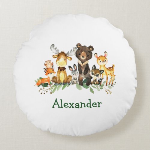 Watercolor Woodland Forest Animals Round Pillow
