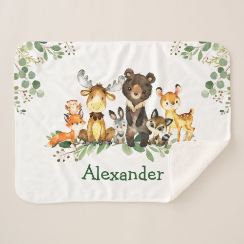 Watercolor Woodland Forest Animals Sherpa Blanket