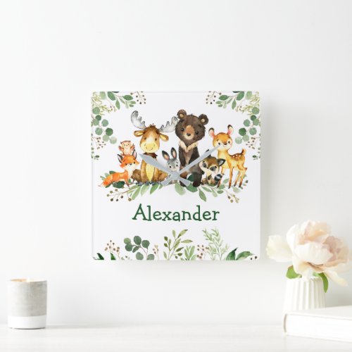 Watercolor Woodland Forest Animals Square Wall Clock